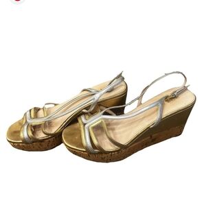 Prada Slingback Open Toe Elegant Silver and Gold Wedge Sandals Size 6